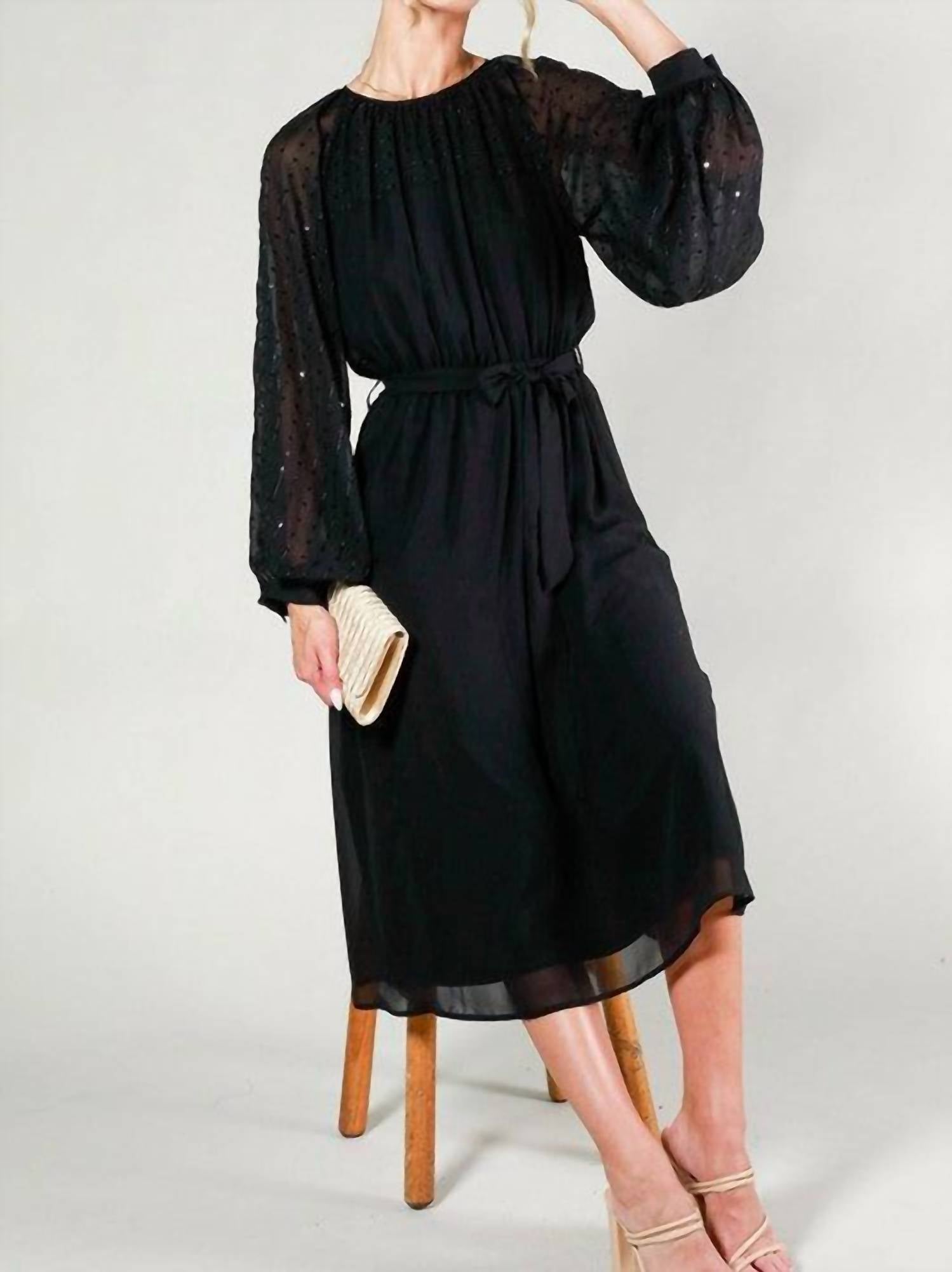Vine & Love - Sequin Sleeve Tie Waist Dress