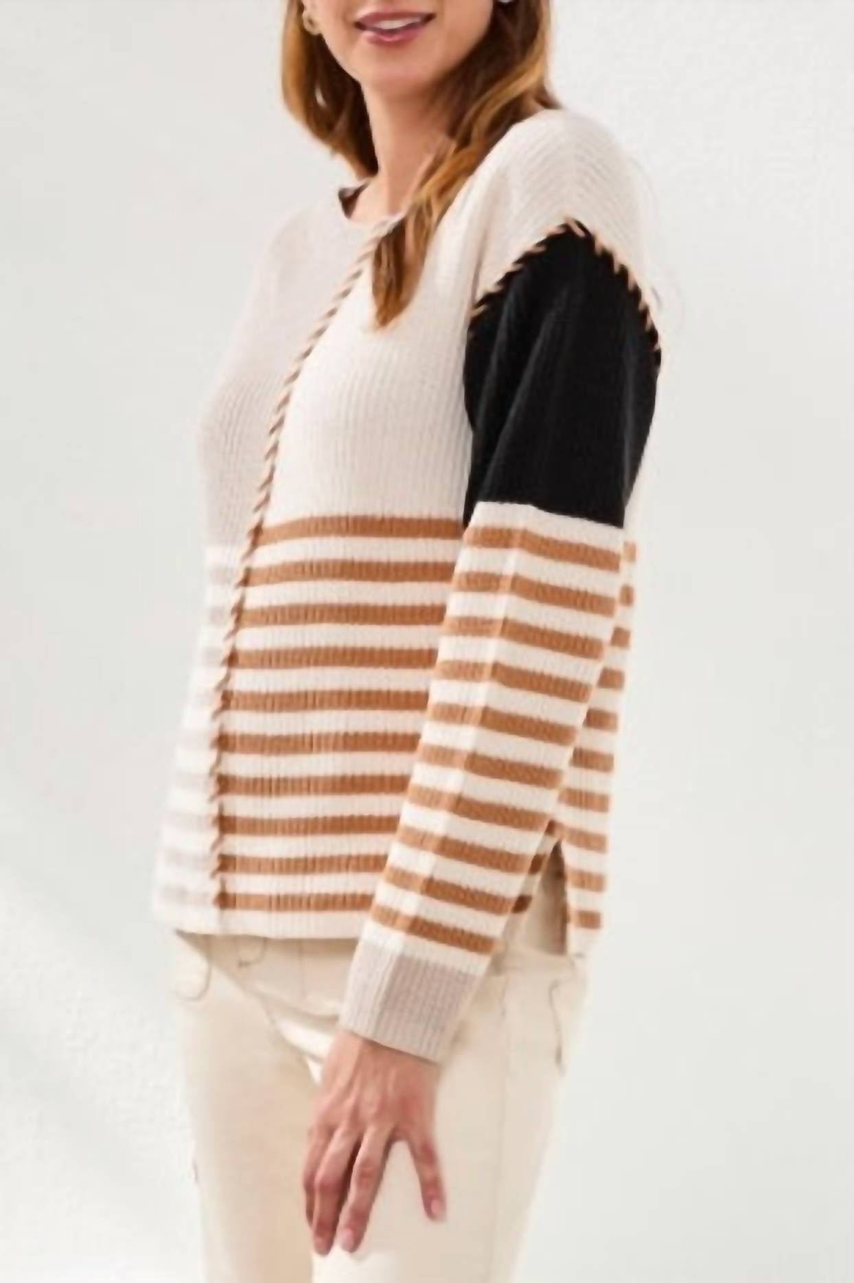 Tribal - Multi Stripe Textured Boat Neck Sweater