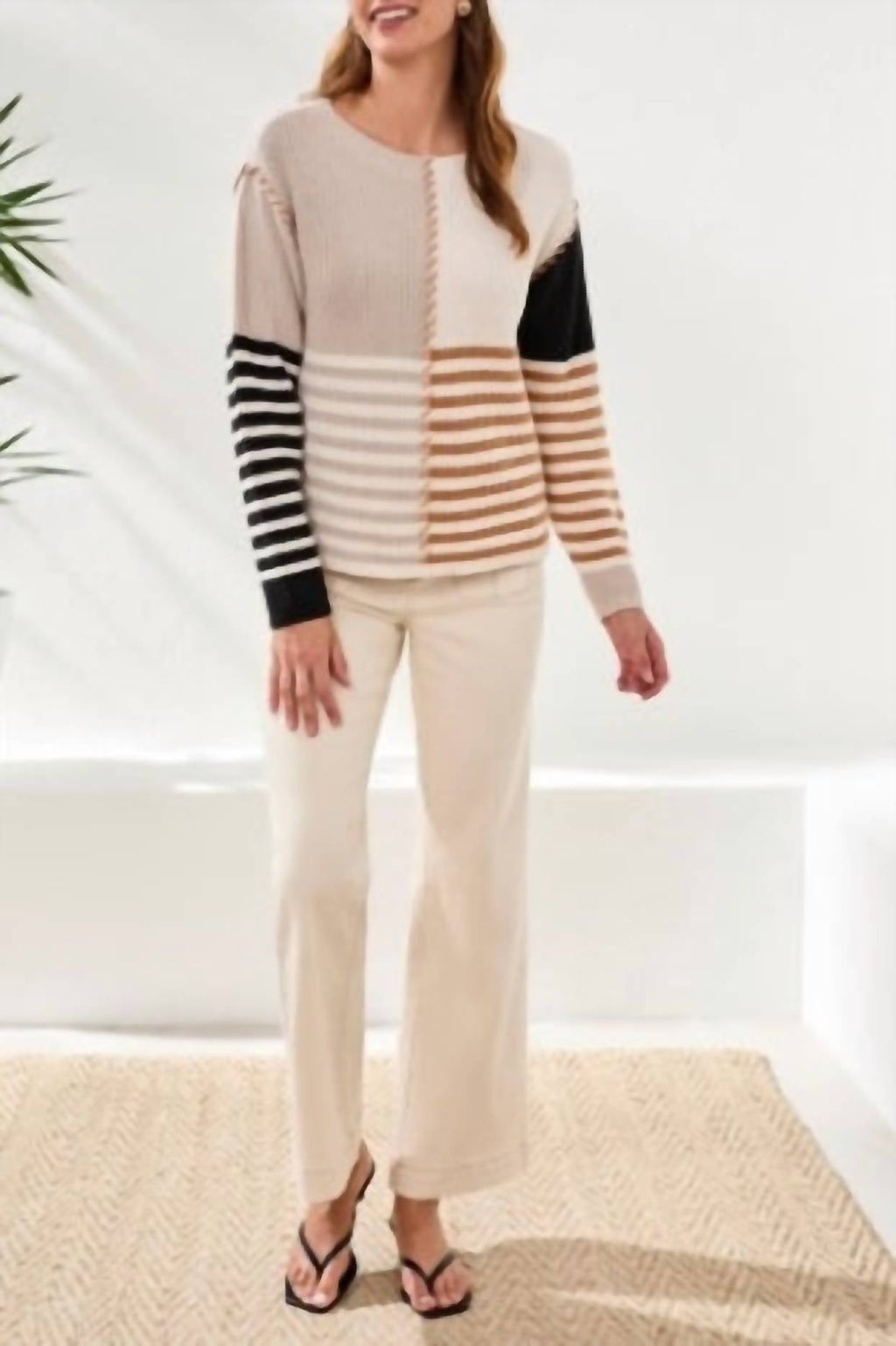 Tribal - Multi Stripe Textured Boat Neck Sweater