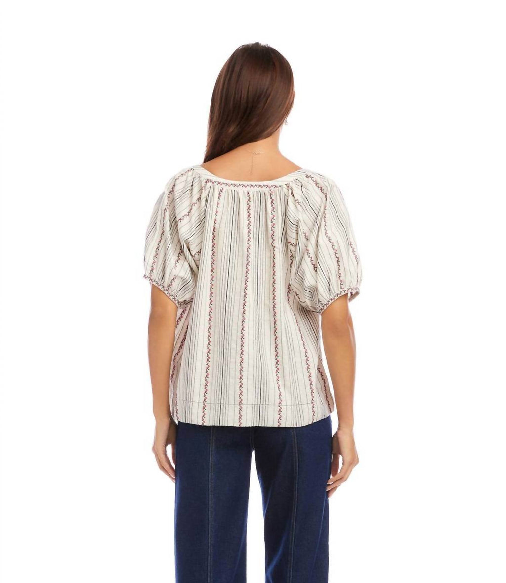 Karen Kane - Stripe Puff Sleeve Embroidered Peasant Top