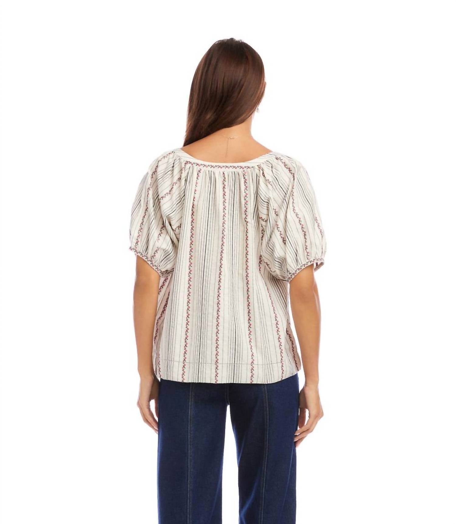 Karen Kane - Stripe Puff Sleeve Embroidered Peasant Top