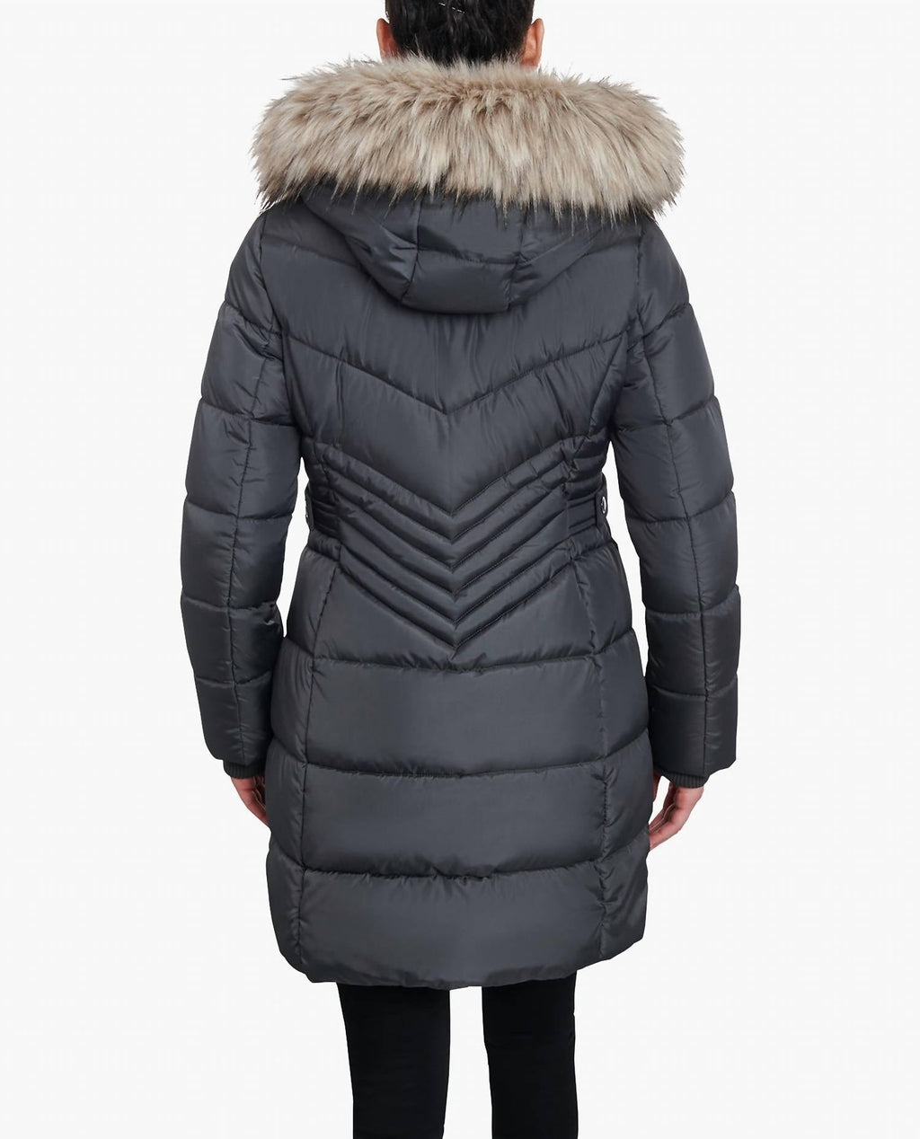 London Fog - Zip-front Long Length Puffer Jacket With Zip-off Fur Trim Hood