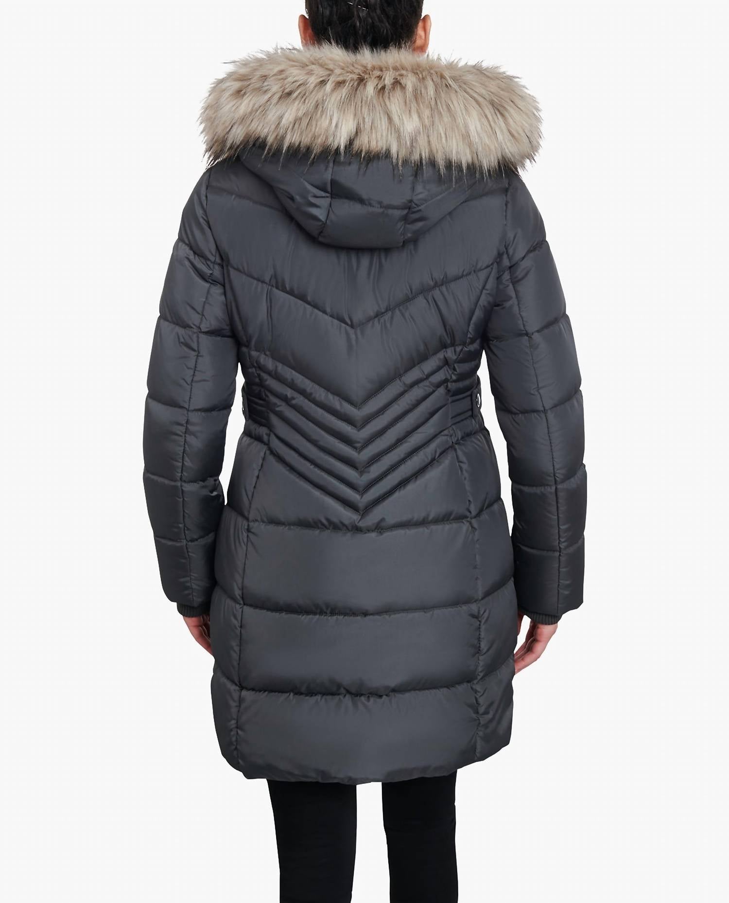 London Fog - Zip-front Long Length Puffer Jacket With Zip-off Fur Trim Hood