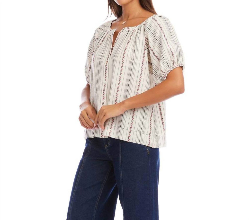Karen Kane - Stripe Puff Sleeve Embroidered Peasant Top