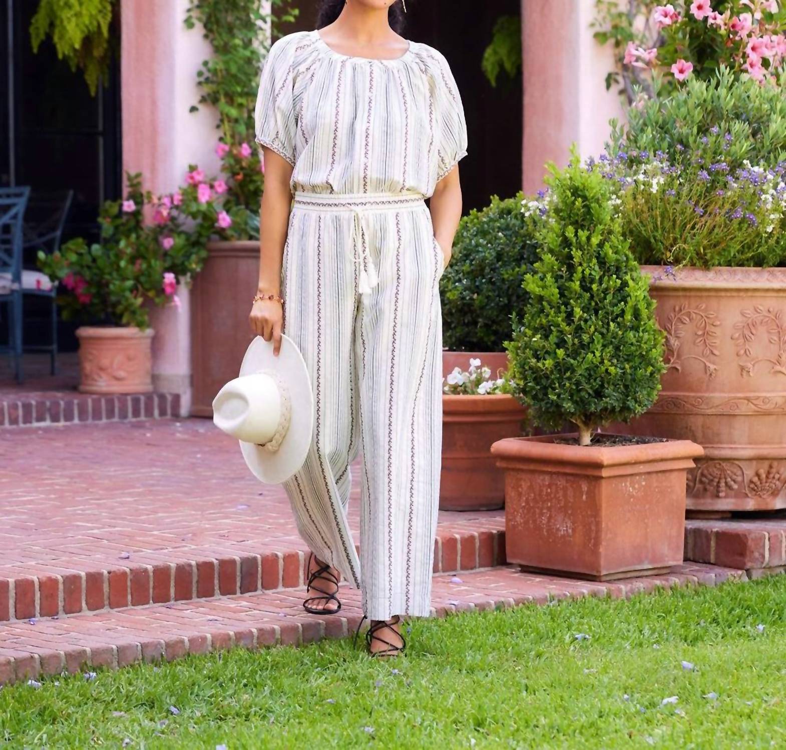 Karen Kane - Stripe Puff Sleeve Embroidered Peasant Top