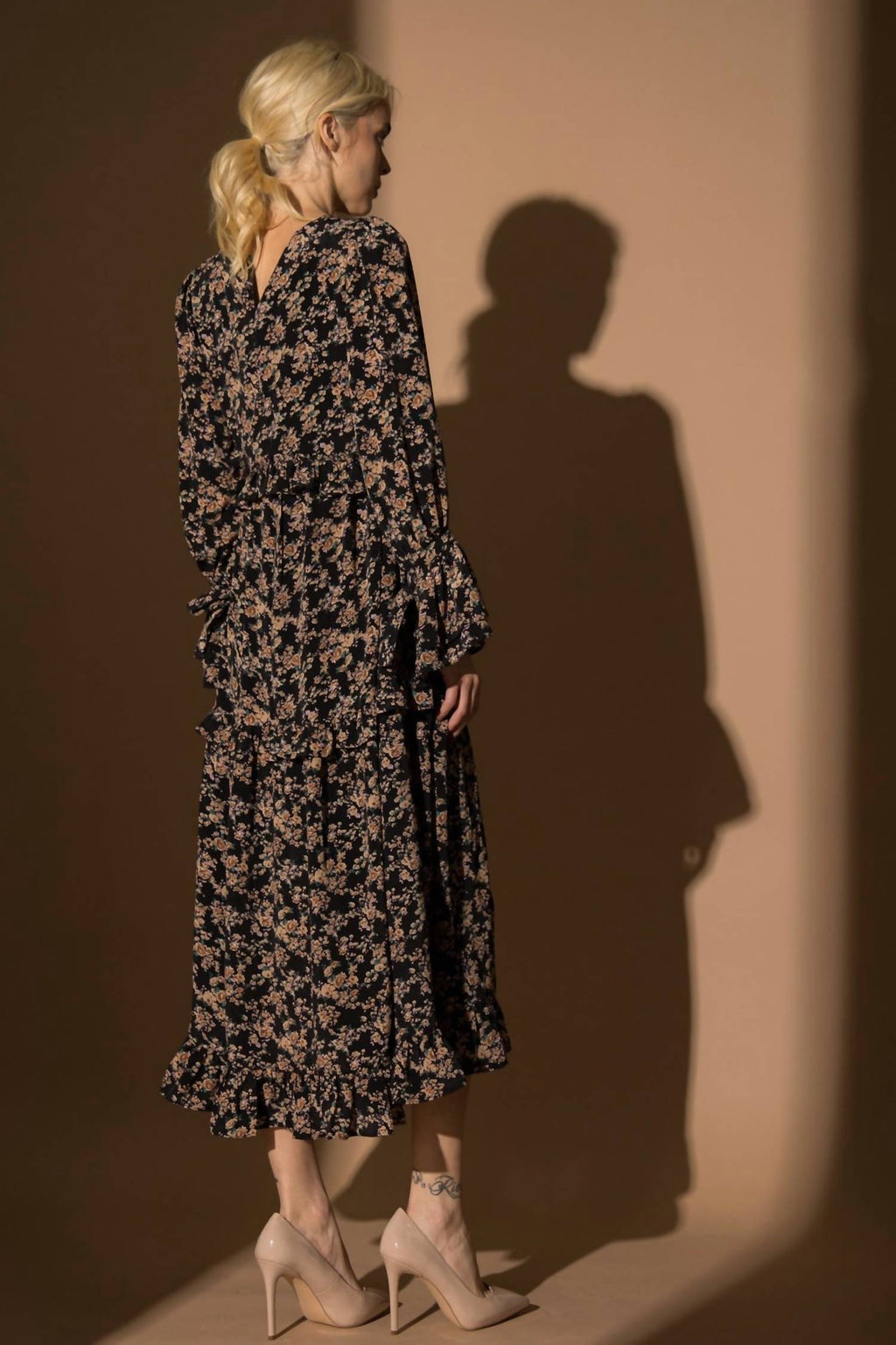 Lena - Floral Print Long Sleeve Ruffle Midi Dress