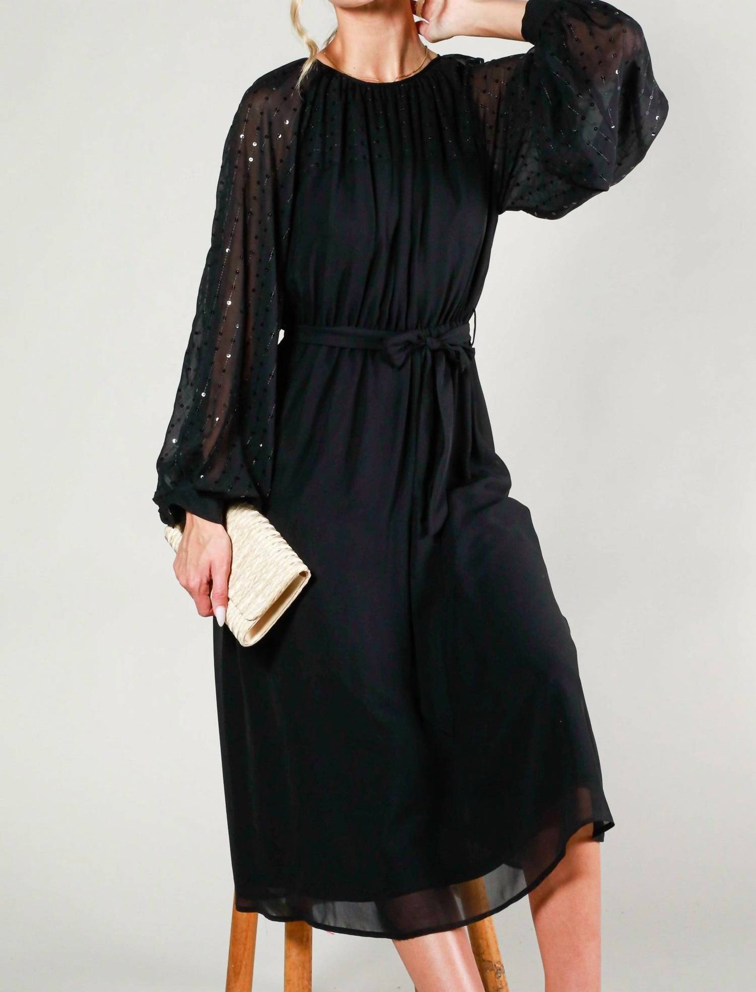 Vine & Love - Sequin Sleeve Tie Waist Dress