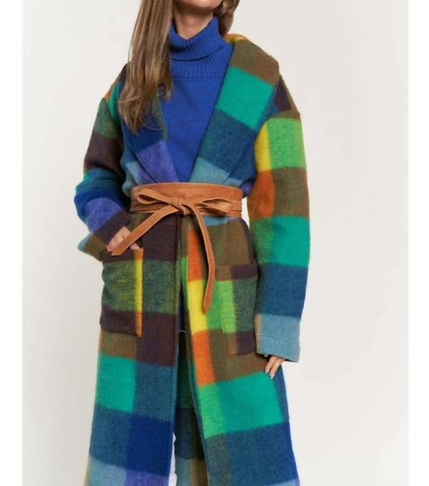 Davi & Dani - Fuzzy Fringe Bottom Hem Detail Waist Belt Midi Coat