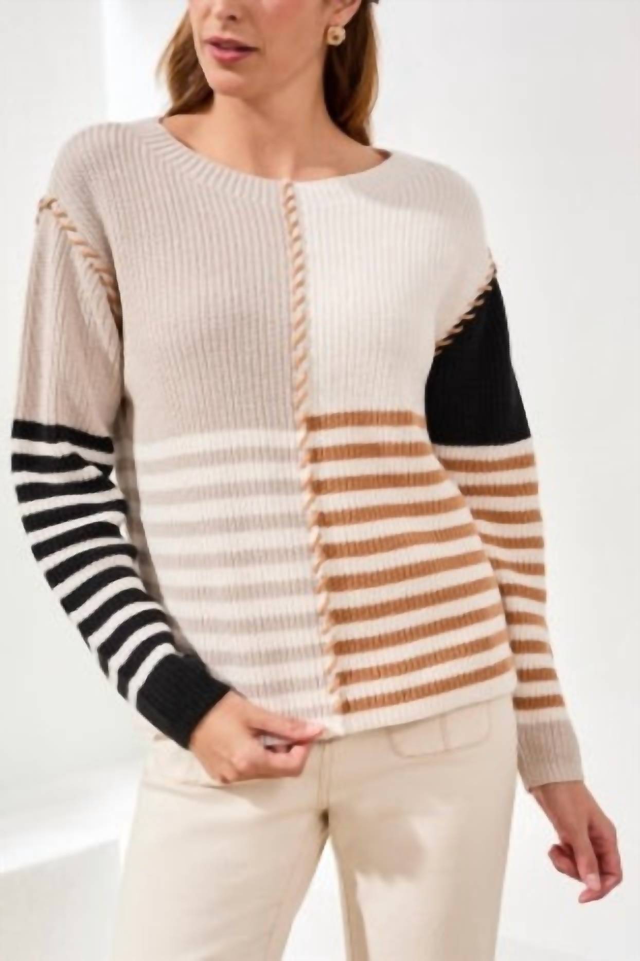 Tribal - Multi Stripe Textured Boat Neck Sweater