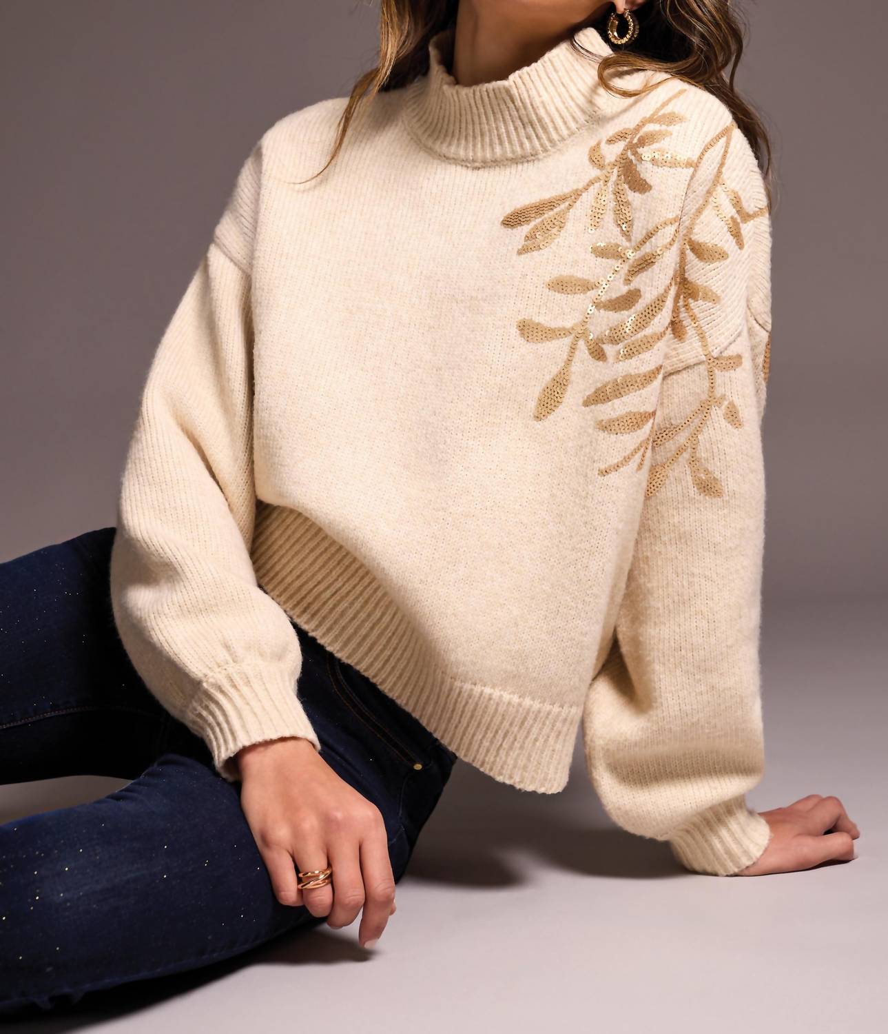 Tribal - Sequin Floral Applique Mock Neck Sweater